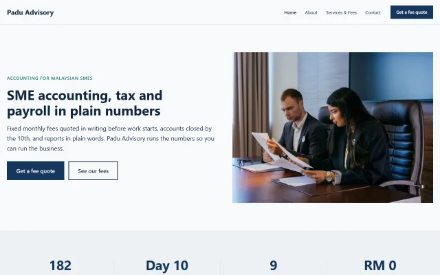 Homepage of Padu Advisory, a sample Accounting firm website