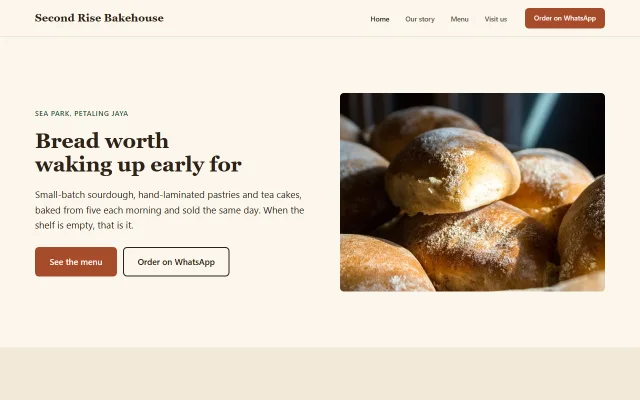 Homepage of Second Rise Bakehouse, a sample Bakery website