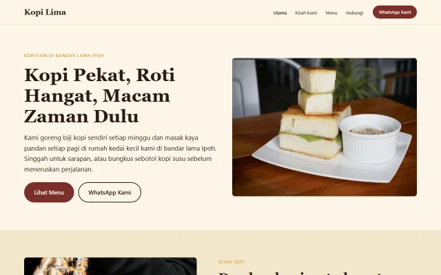 Homepage of Kopi Lima, a sample Kedai kopi / cafe website
