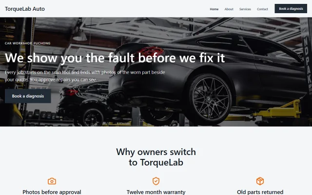 Homepage of TorqueLab Auto, a sample Car workshop website