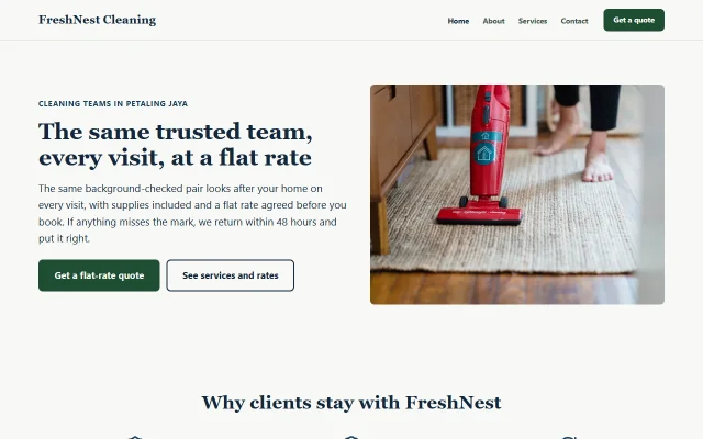 Homepage of FreshNest Cleaning, a sample Cleaning services website