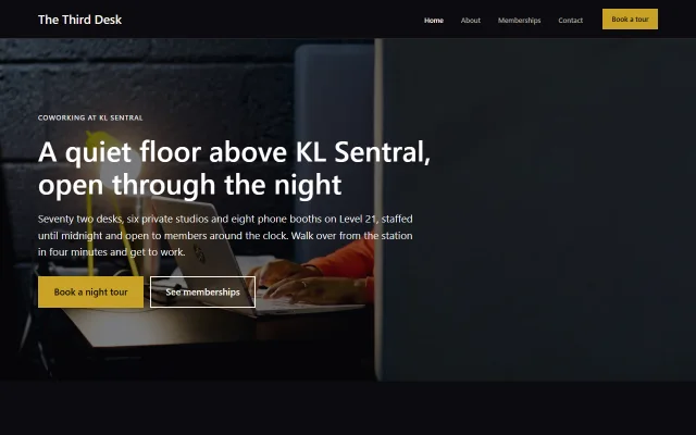 Homepage of The Third Desk, a sample Co-working space website