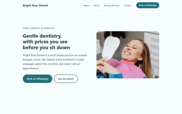 Homepage of Bright Row Dental, a sample Dental clinic website