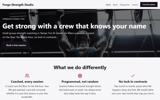 Homepage of Forge Strength Studio, a sample Fitness studio website