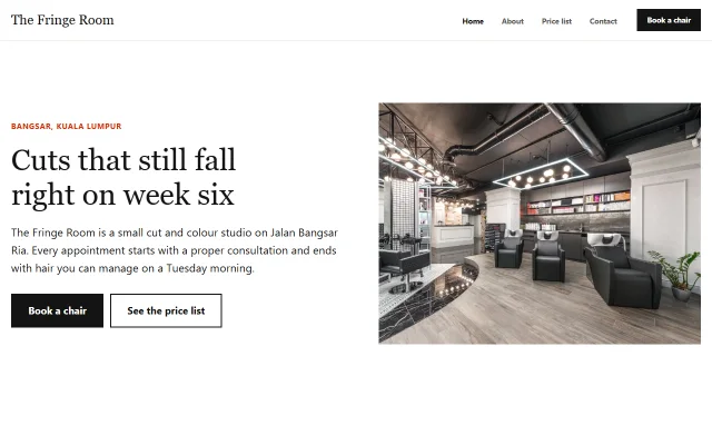 Homepage of The Fringe Room, a sample Hair salon website