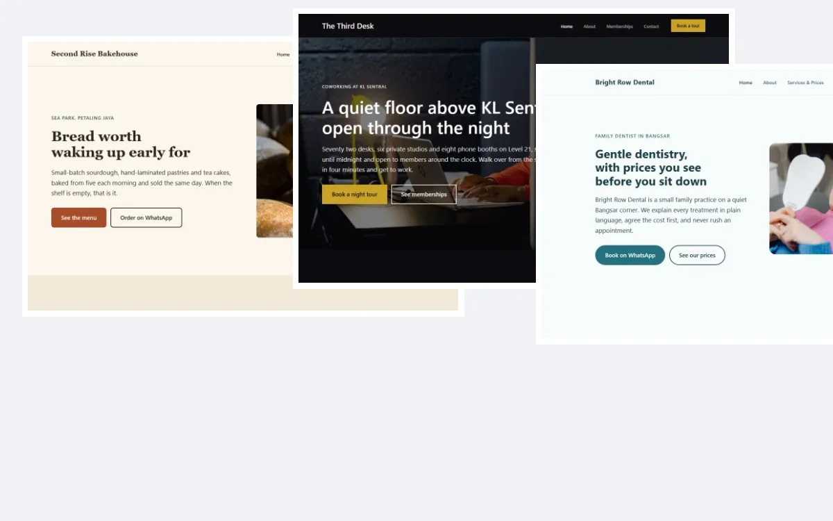Homepages of several example websites built by WebX, shown in a browser window