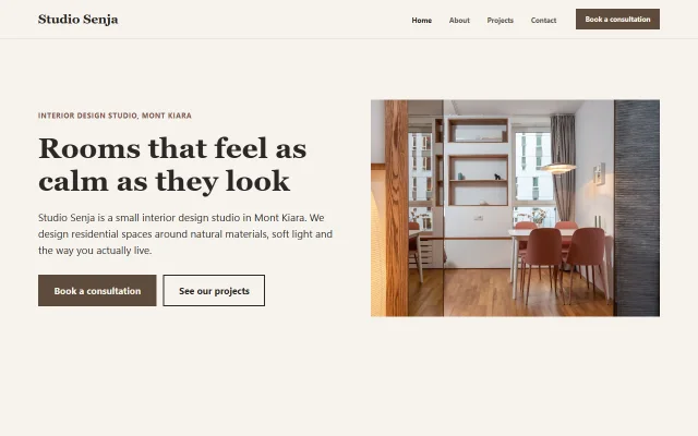 Homepage of Studio Senja, a sample Interior design studio website