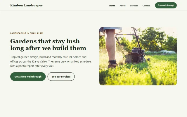 Homepage of Rimbun Landscapes, a sample Landscaping services website