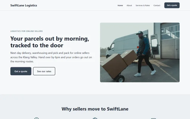 Homepage of SwiftLane Logistics, a sample Logistics & courier website
