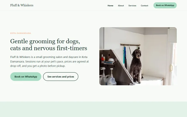 Homepage of Fluff & Whiskers, a sample Pet grooming website