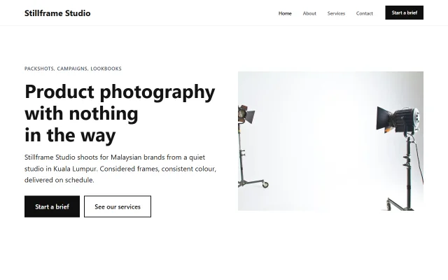 Homepage of Stillframe Studio, a sample Photography studio website