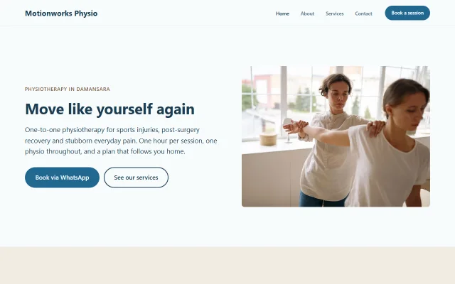 Homepage of Motionworks Physio, a sample Physiotherapy clinic website