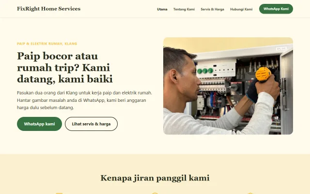 Homepage of FixRight Home Services, a sample Plumbing & electrical website