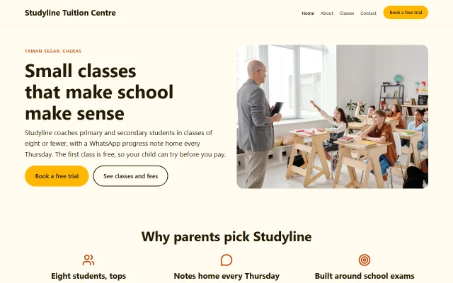 Homepage of Studyline Tuition Centre, a sample Tuition centre website